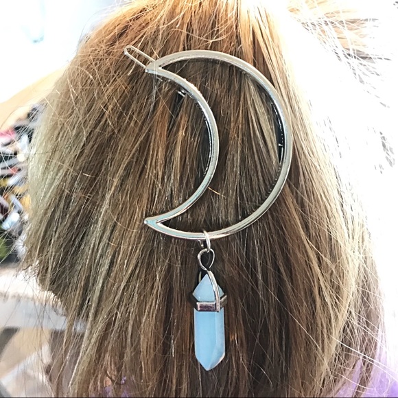 Hippie Boho Crystal Crescent Moon Silver Clip - Picture 2 of 5